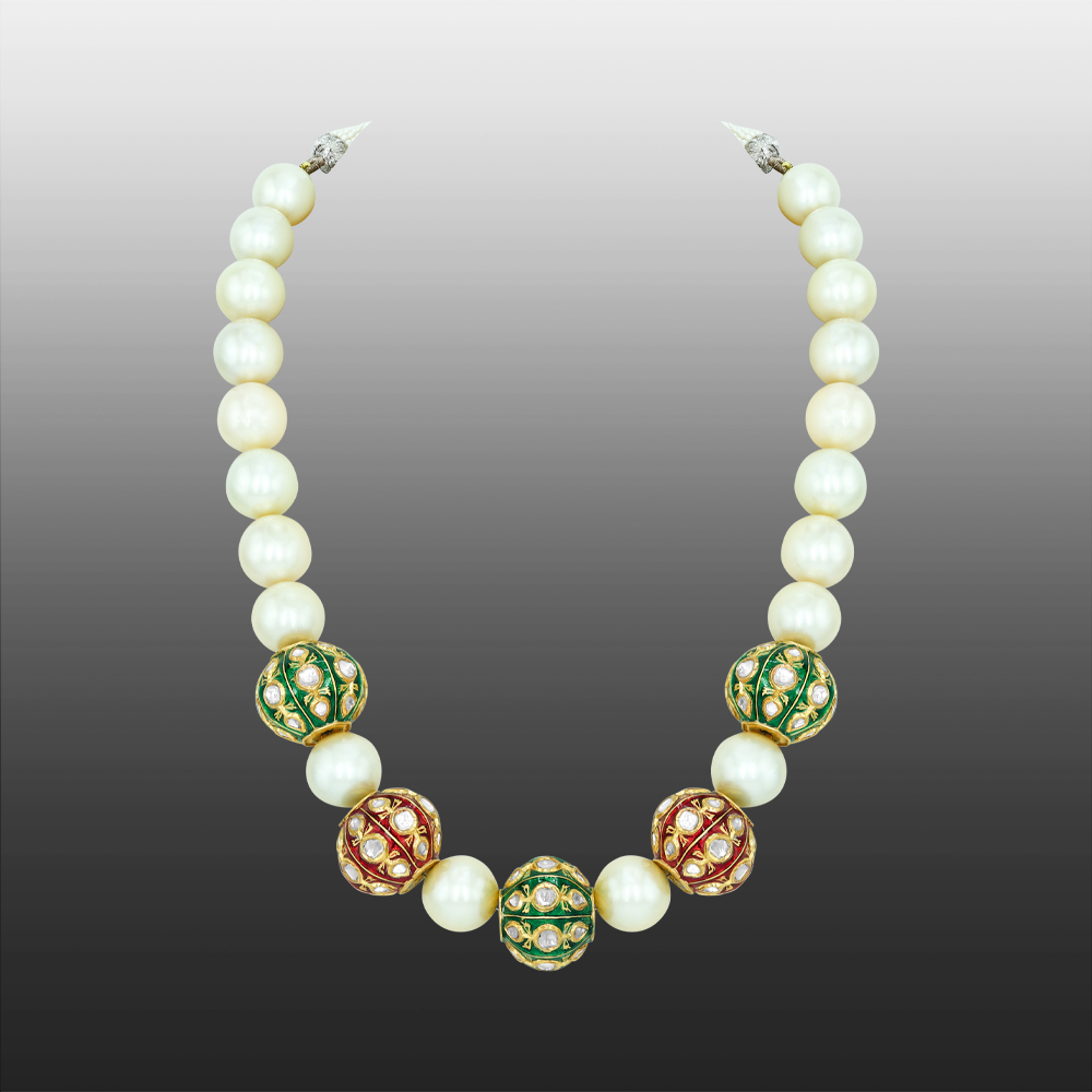 South Sea Pearl Necklace with Polki Red and Green Enamel Beads